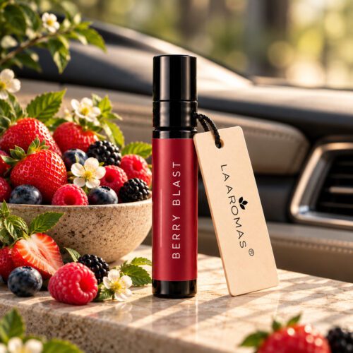 La Aromas Berry Blast car perfume with aroma card styled with fresh berries in a premium car setting