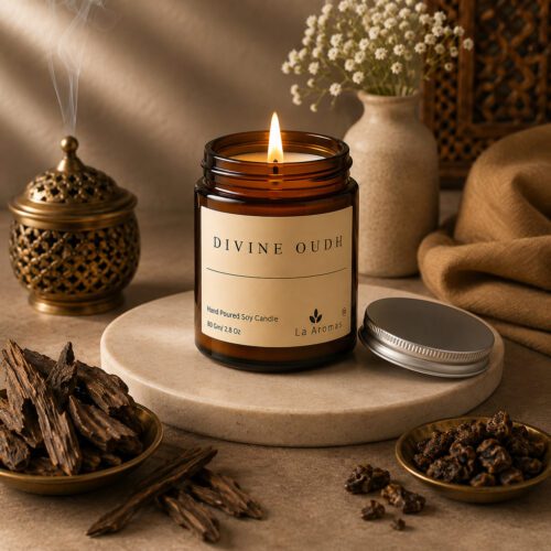 La Aromas Oudh Soy Wax Candle with Lit Cotton Wick