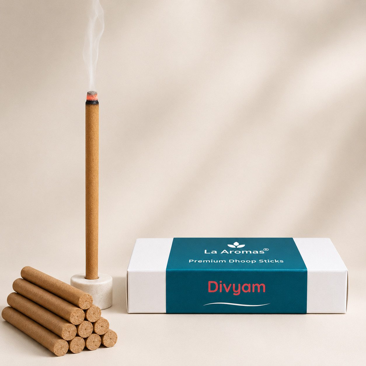 La Aromas Divyam Charcoal-Free Dhoop Sticks with saffron and cedarwood fragrance blend