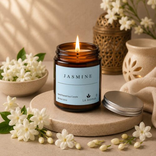 La Aromas Jasmine Scented Soy Wax Candle with Warm Glow