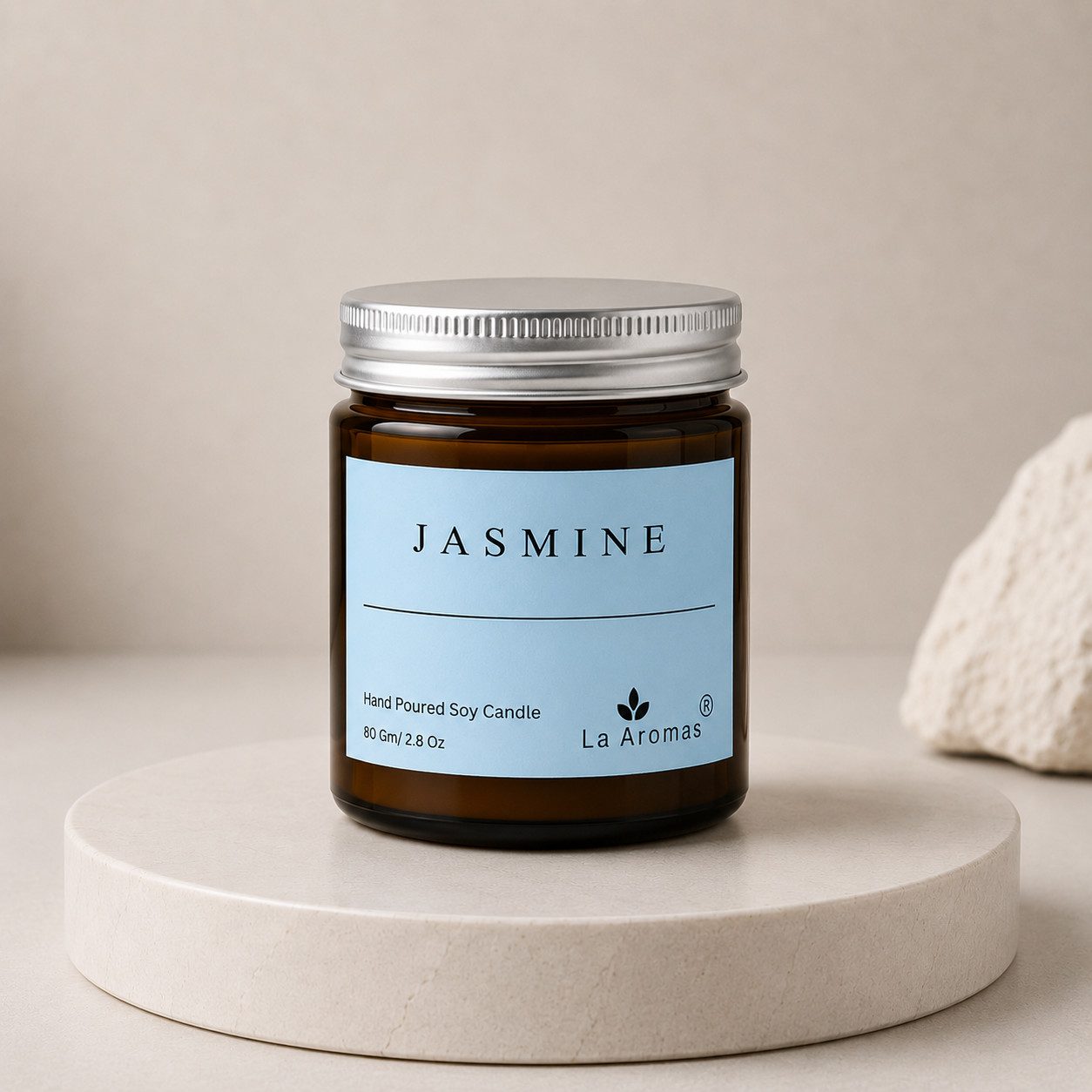 La Aromas Jasmine Scented Soy Wax Candle in elegant amber glass jar