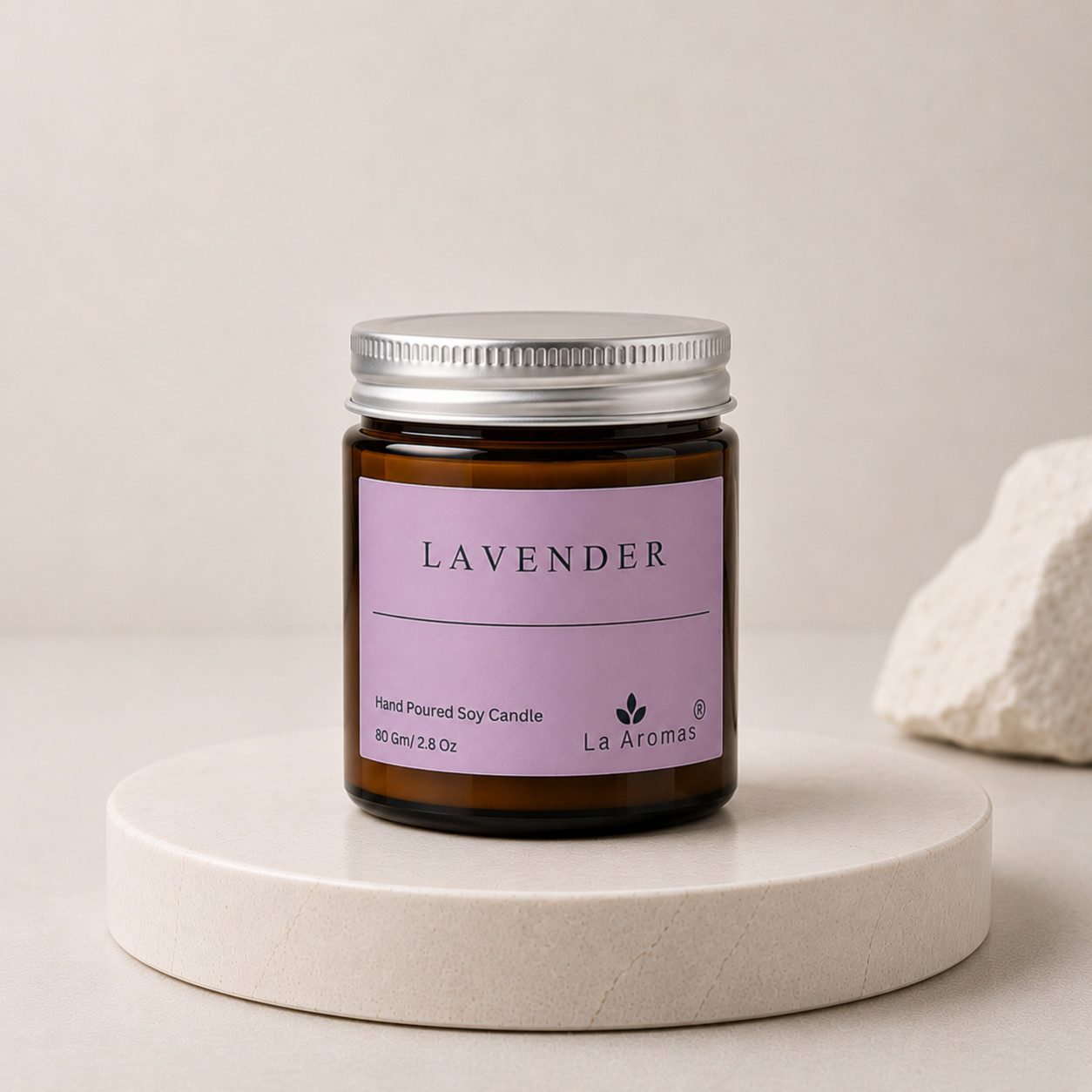 La Aromas Lavender Scented Soy Wax Candle in elegant amber glass jar