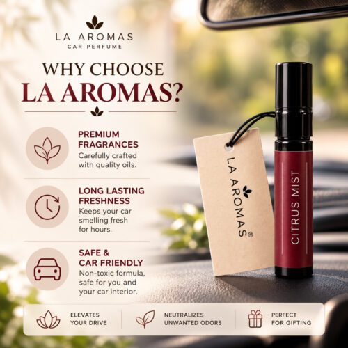 La Aromas car perfume aroma card with spray bottle and simple why choose us