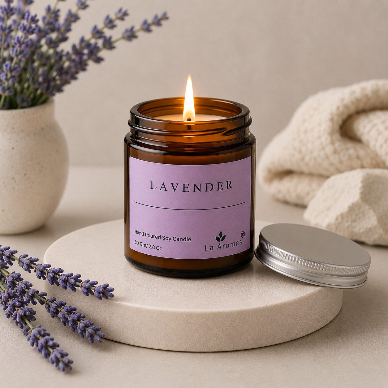 La Aromas Lavender Soy Wax Candle with Lit Cotton Wick