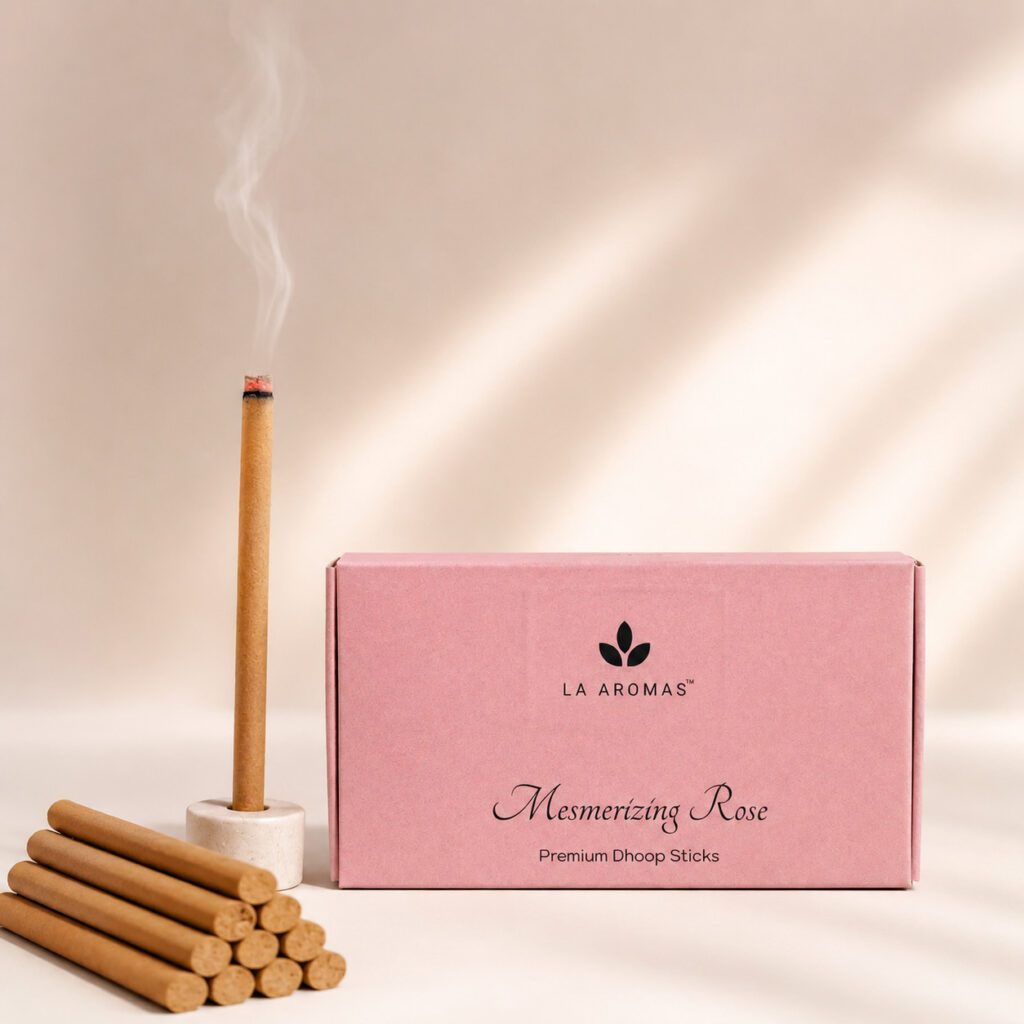 La Aromas Mesmerising Rose Charcoal-Free Dhoop Sticks with premium rose fragrance
