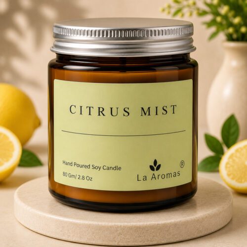 La Aromas Citrus Mist Hand Poured Soy Candle in Amber Glass Jar