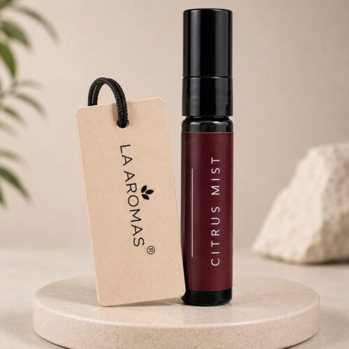 La Aromas Citrus Mist Car Perfume with premium concentrated fragrance, glass bottle and hanging aroma paper
