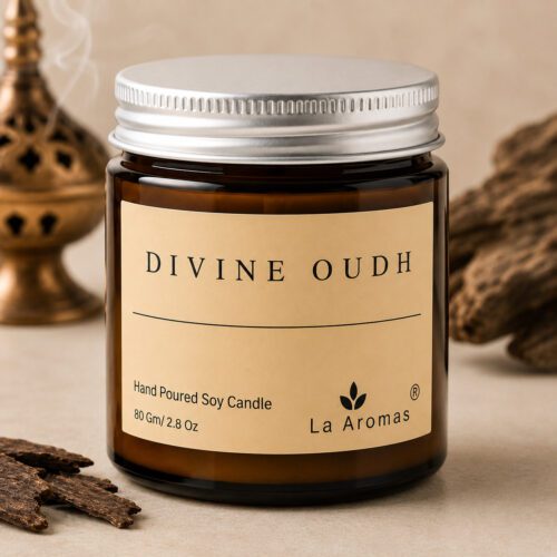 La Aromas Divine Oudh Hand Poured Soy Candle in Amber Glass Jar