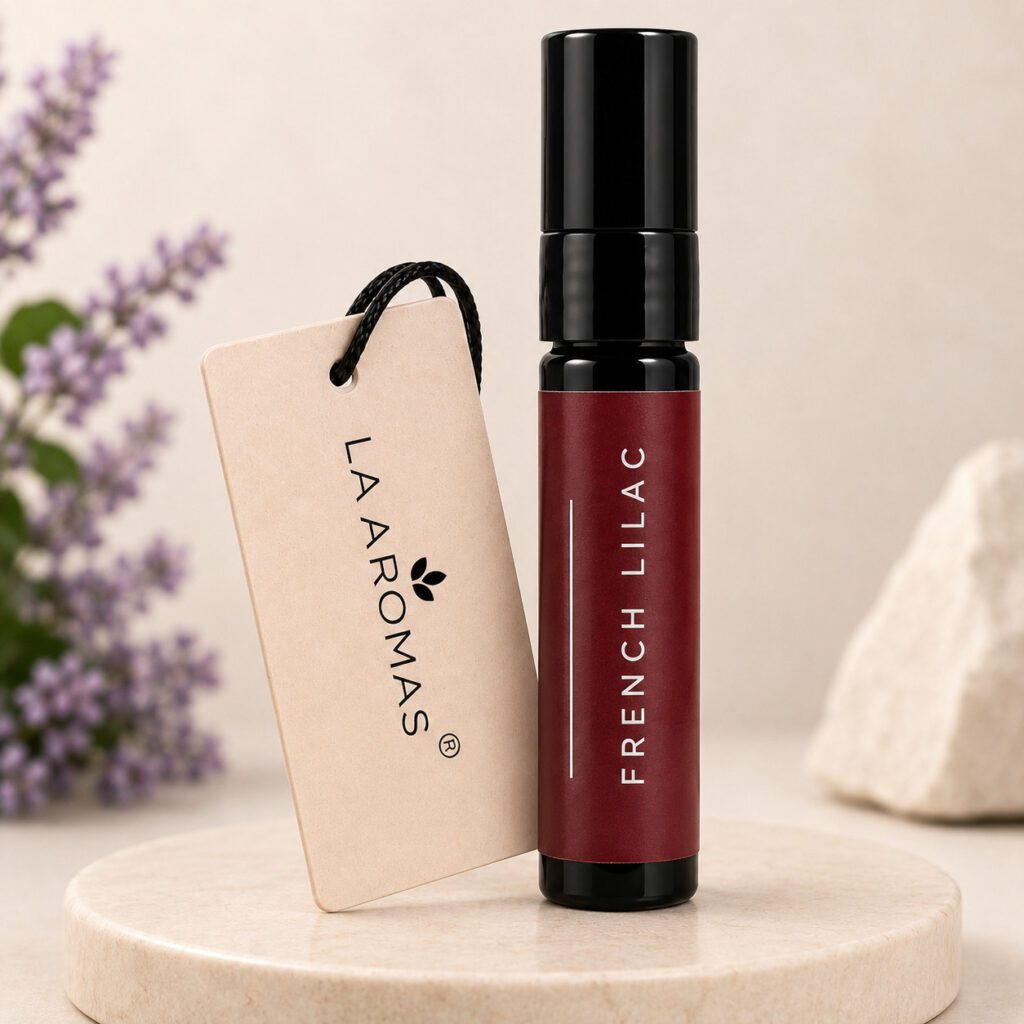 La Aromas French Lilac Car Perfume with premium concentrated fragrance, elegant glass bottle and hanging aroma paper