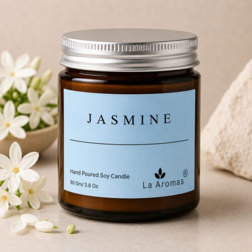 La Aromas Jasmine Hand Poured Soy Candle in Amber Glass Jar