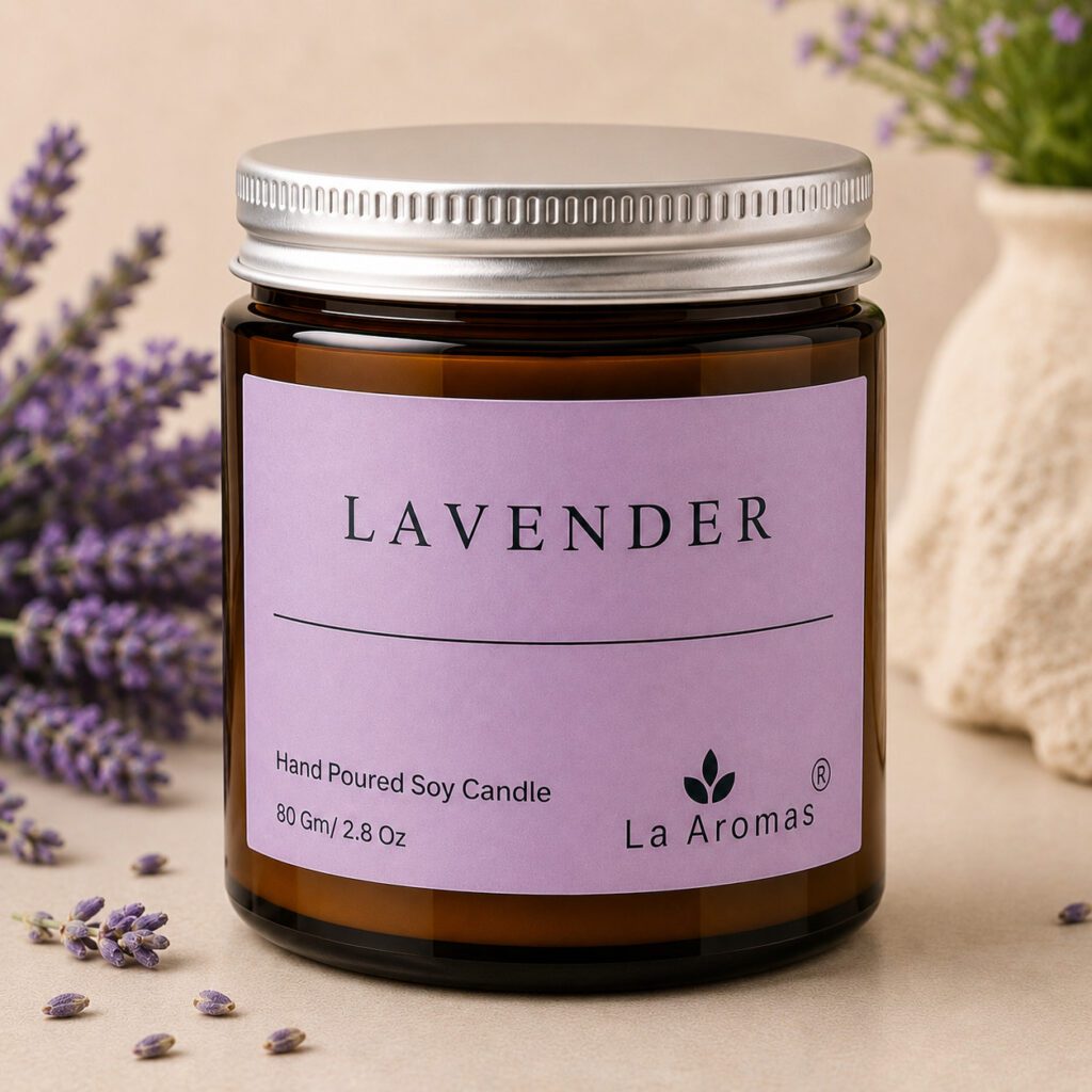 La Aromas Lavender Hand Poured Soy Candle in Amber Glass Jar