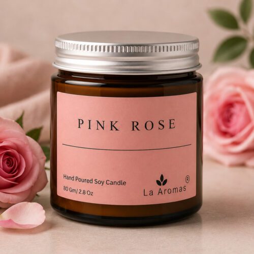 La Aromas Pink Rose Hand Poured Soy Candle in Amber Glass Jar