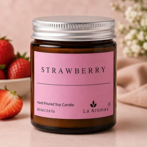 La Aromas Strawberry Hand Poured Soy Candle in Amber Glass Jar