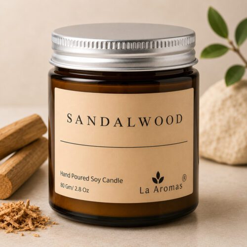 La Aromas Sandalwood Hand Poured Soy Candle in Amber Glass Jar