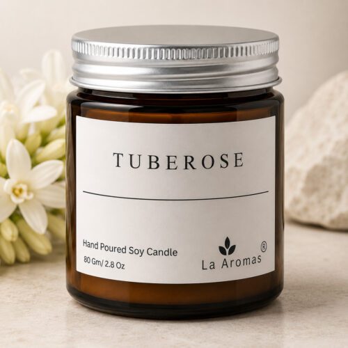 La Aromas Tuberose Hand Poured Soy Candle in Amber Glass Jar
