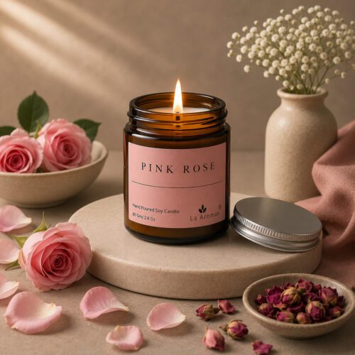 La Aromas Rose Scented Soy Wax Candle with Lit Cotton Wick