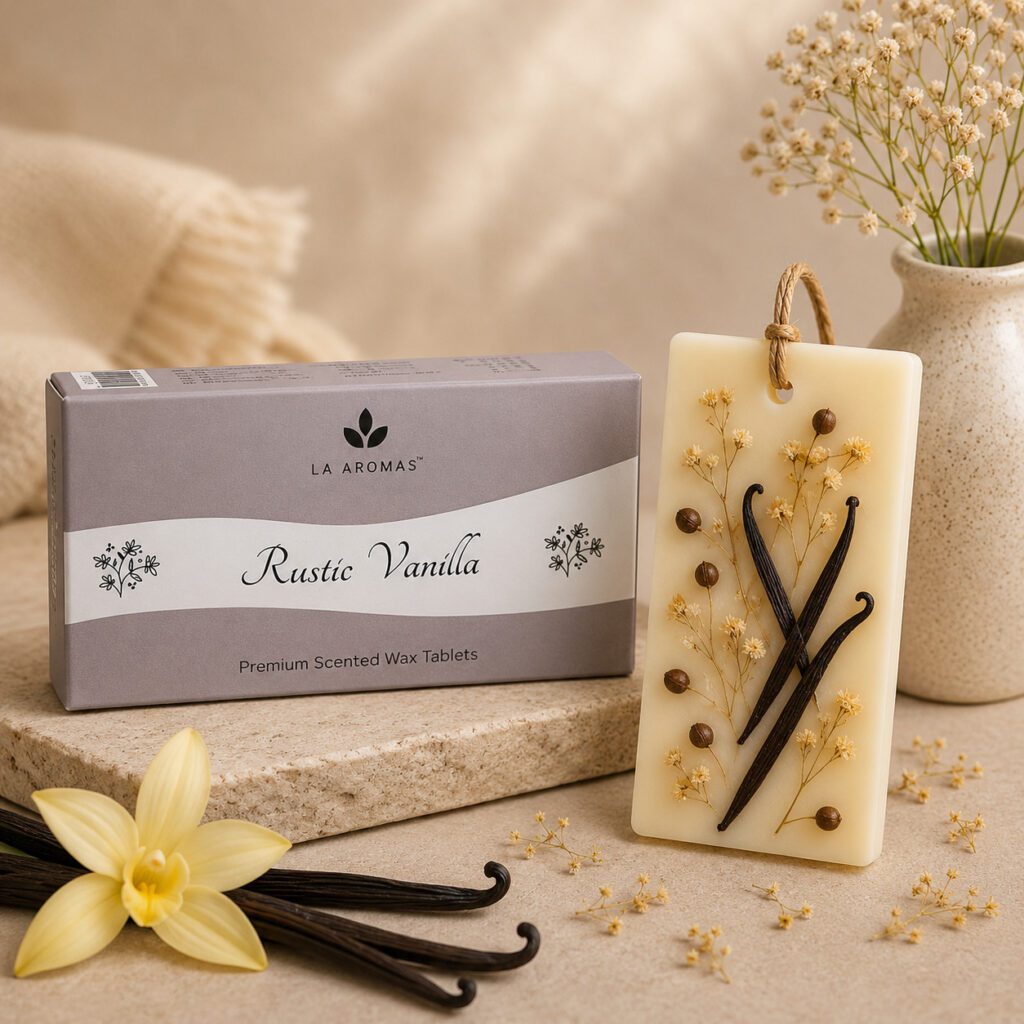 La Aromas Rustic Vanilla Wax Tablet handcrafted with premium soy wax for wardrobes and cupboards
