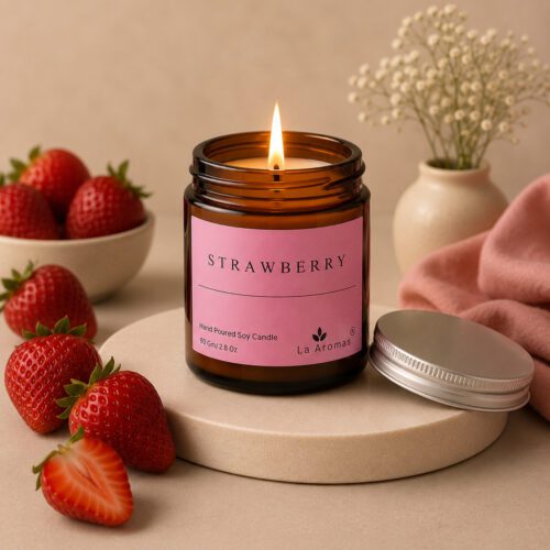 La Aromas Strawberry Scented Soy Wax Candle Burning in Glass Jar