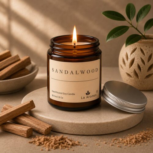 La Aromas Sandalwood Scented Soy Wax Candle with Lit Cotton Wick