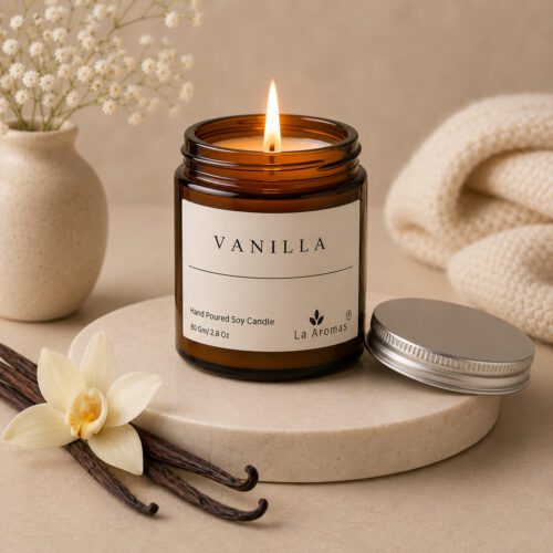 La Aromas Vanilla Soy Wax Candle Burning in Glass Jar
