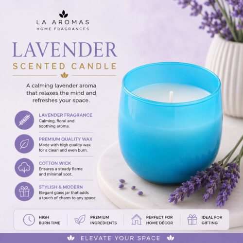La Aromas Luxury Lavender Soy Wax Candle in Sky Blue Glass Jar with Lit Cotton Wick