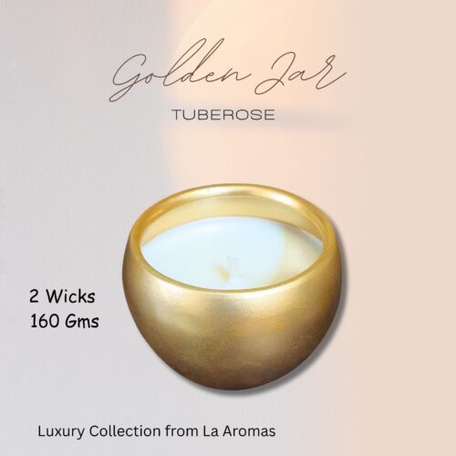 La Aromas Luxury Tuberose Scented Soy Wax Candle in a Gilded Metal Jar.