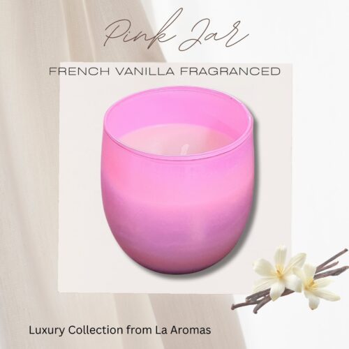Elegant Pink Vanilla Luxury Soy Candle, 100g pure soy wax, in roseate glass jar.
