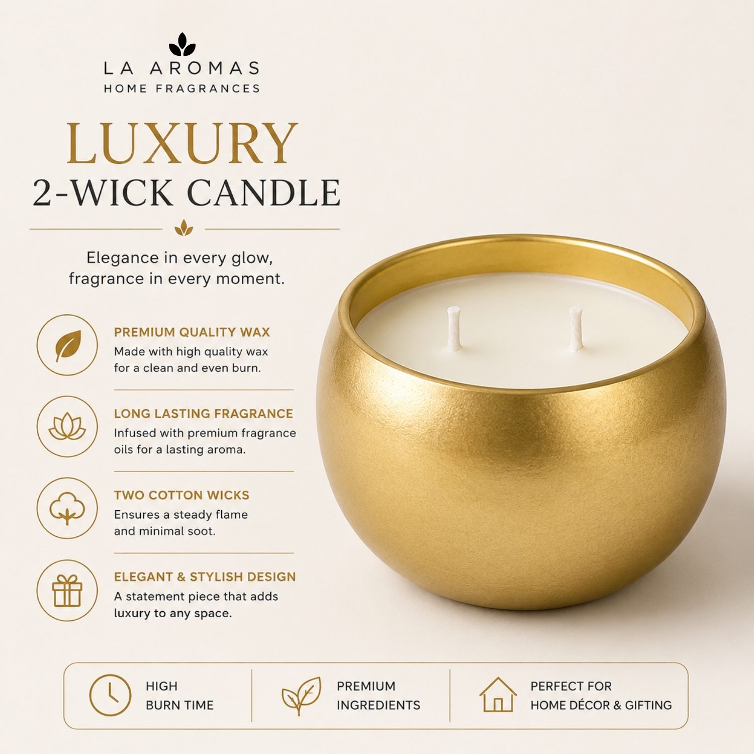 La Aromas Luxury Tuberose Soy Wax Candle in Golden Metal Jar with Lit Cotton Wick 2