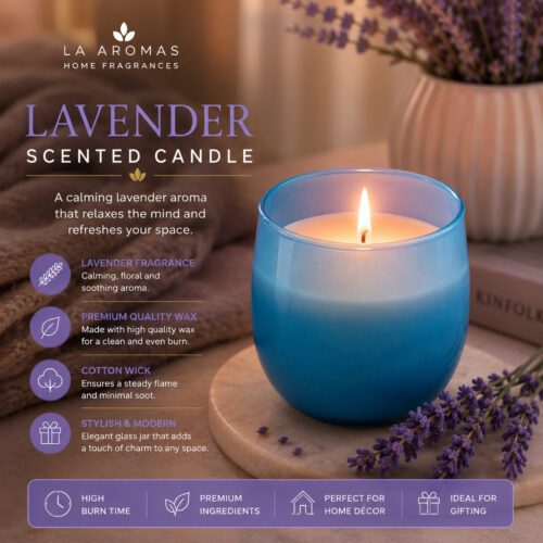La Aromas Luxury Lavender Soy Wax Candle in Sky Blue Glass Jar with Lit Cotton Wick