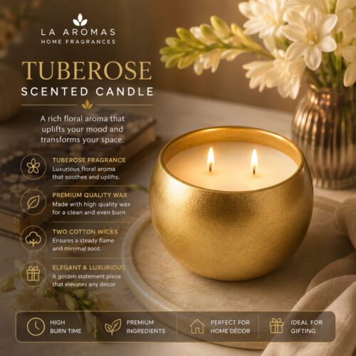 La Aromas Luxury Tuberose Soy Wax Candle in Golden Metal Jar with Lit Cotton Wick