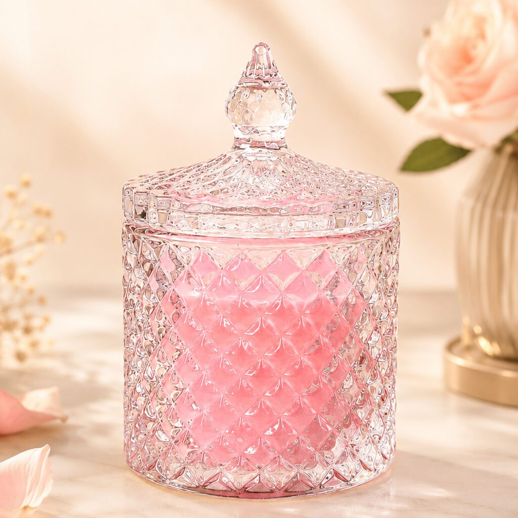 La Aromas Luxury Pink Rose Soy Wax Candle in premium crystal glass jar with dual cotton wicks