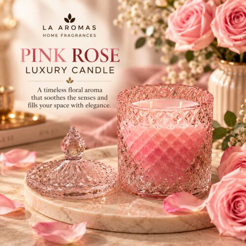 La Aromas Pink Rose luxury scented candle in an elegant crystal glass jar