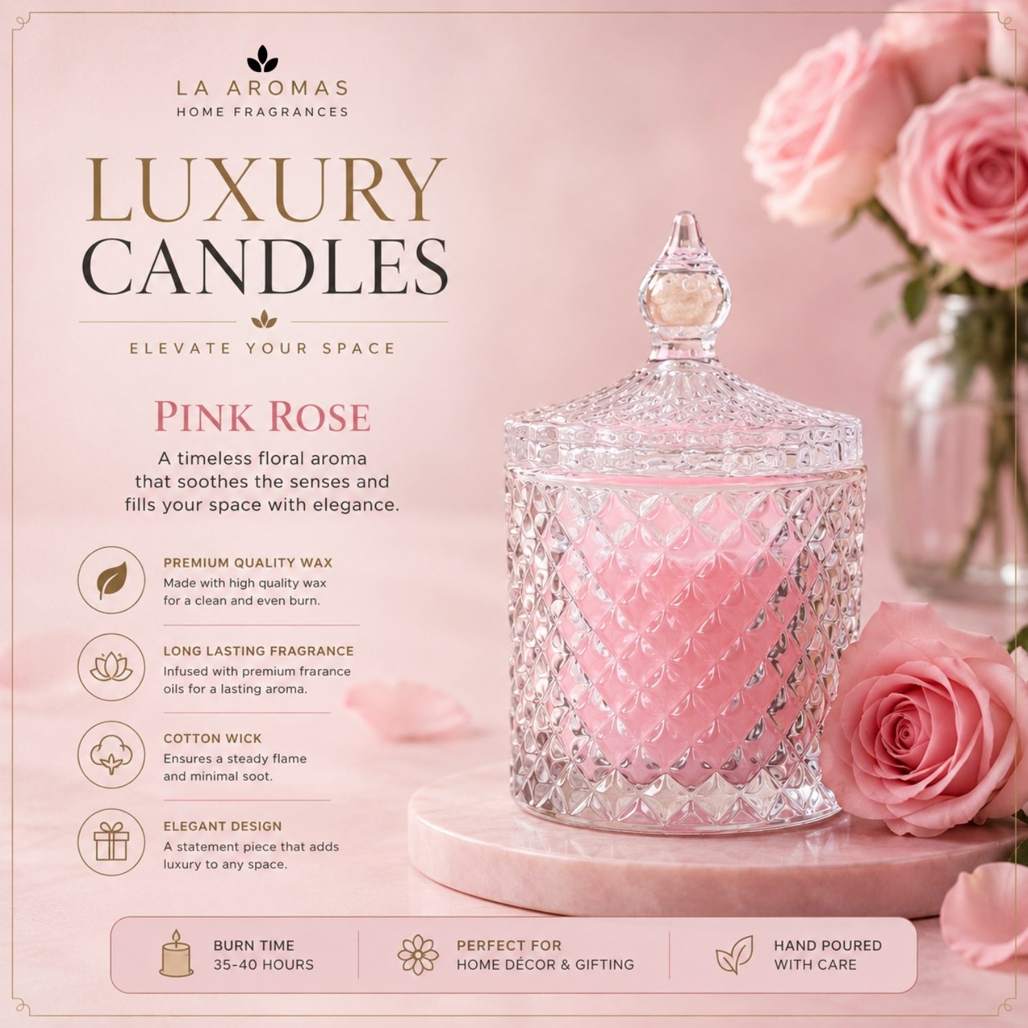 La Aromas Luxury Rose Soy Wax Candle in Crystal Jar with two Cotton Wicks