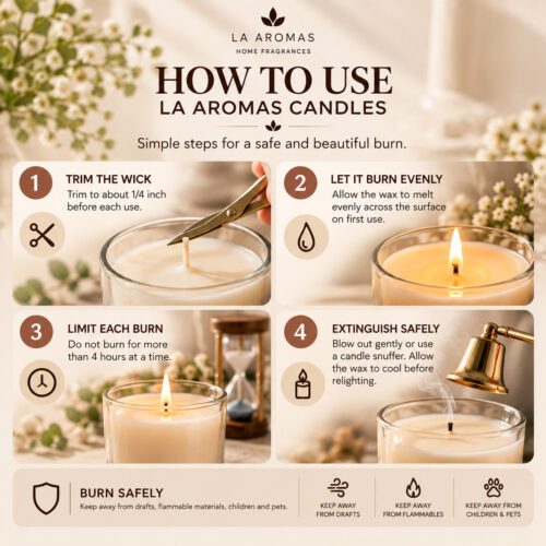 La Aromas candle care and usage guide for safe and even candle burning