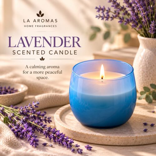 La Aromas Lavender scented candle in a blue glass jar styled with lavender in a premium setting