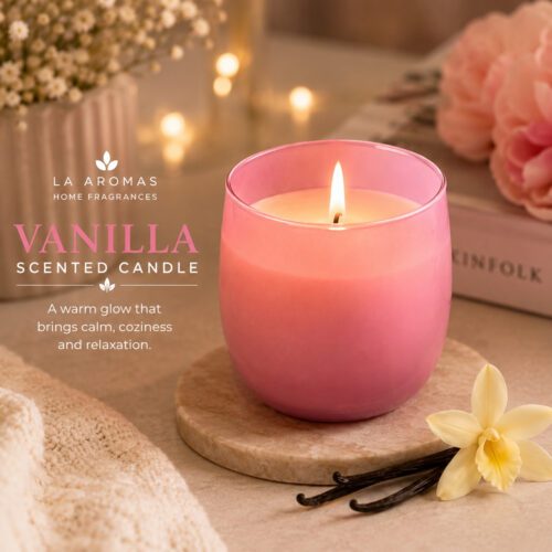 La Aromas Luxury Vanilla Soy Wax Candle in Pink Glass Jar with Lit Cotton Wick