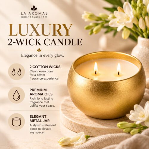 La Aromas luxury two-wick gold candle highlighting premium wax, fragrance and cotton wicks