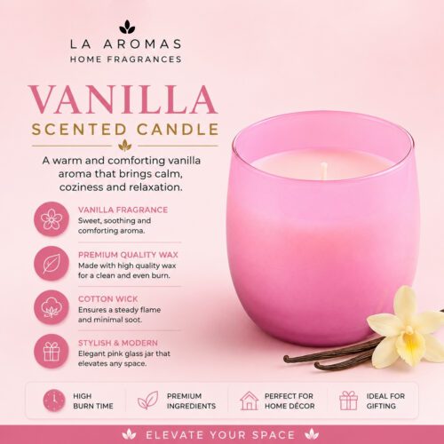 La Aromas Luxury Vanilla Soy Wax Candle in Pink Glass Jar with Lit Cotton Wick 1