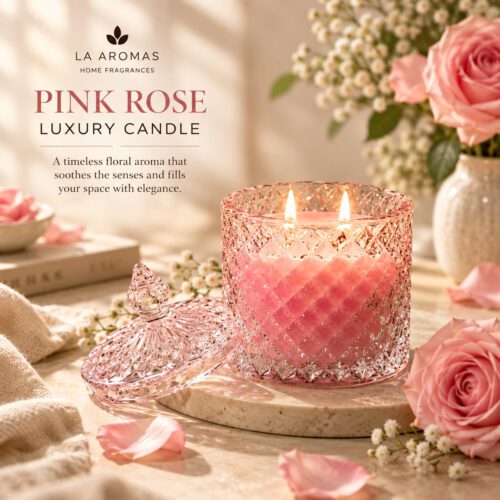 Pink Rose luxury scented candle in crystal glass styled with roses in an elegant setting