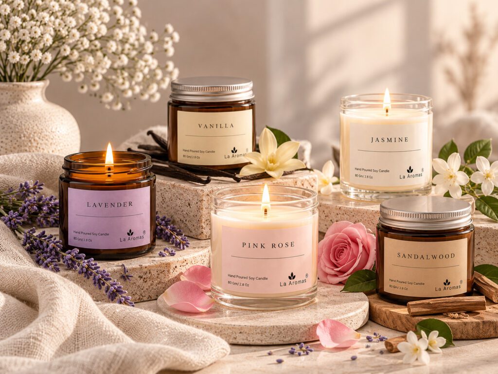 La Aromas hand-poured soy wax candles in amber and transparent glass jars