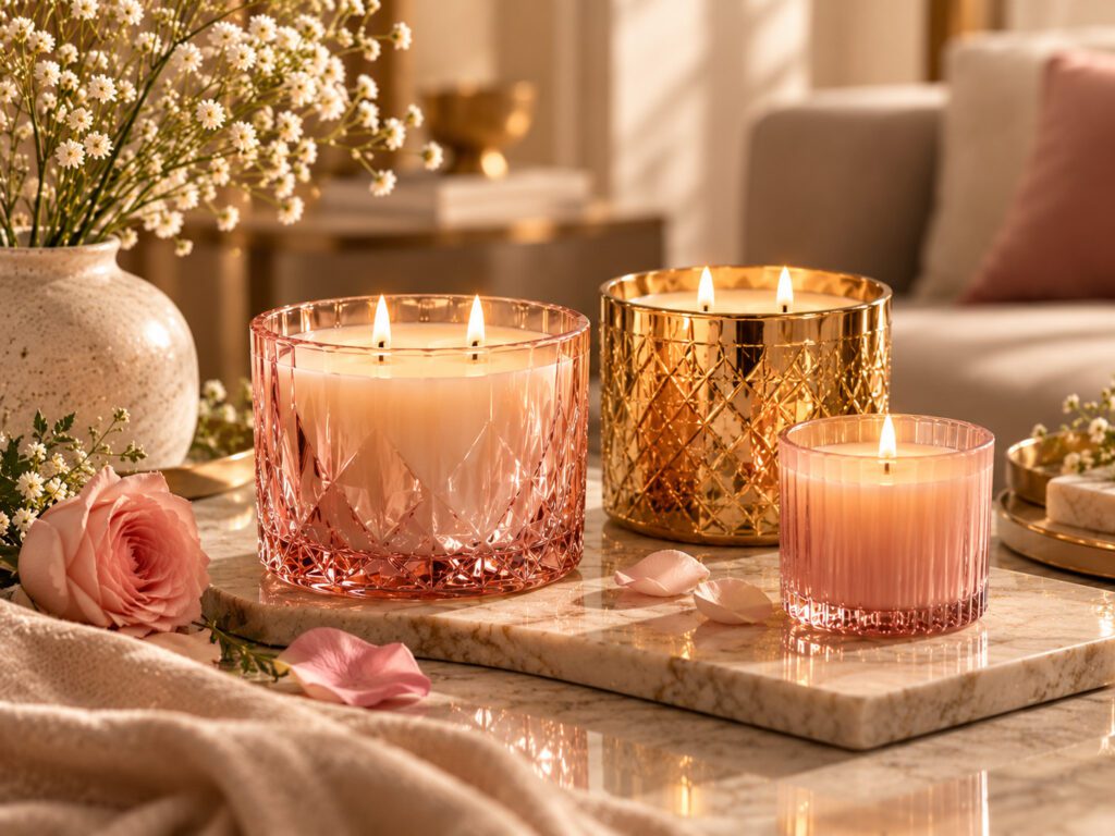 Luxury scented candles in elegant decorative jars
