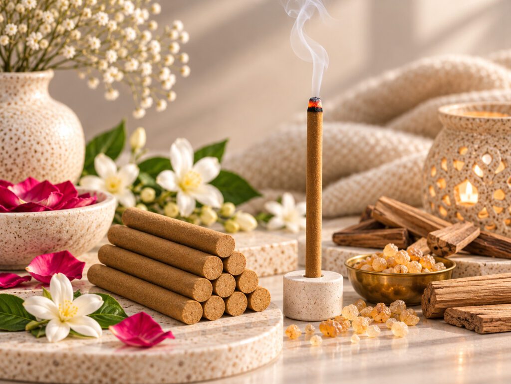 La Aromas charcoal-free dhoop sticks with a lit dhoop stick and aromatic smoke