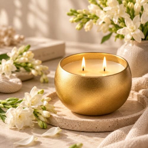 Tuberose two-wick luxury scented candle in a gold jar styled with fresh tuberose flowers