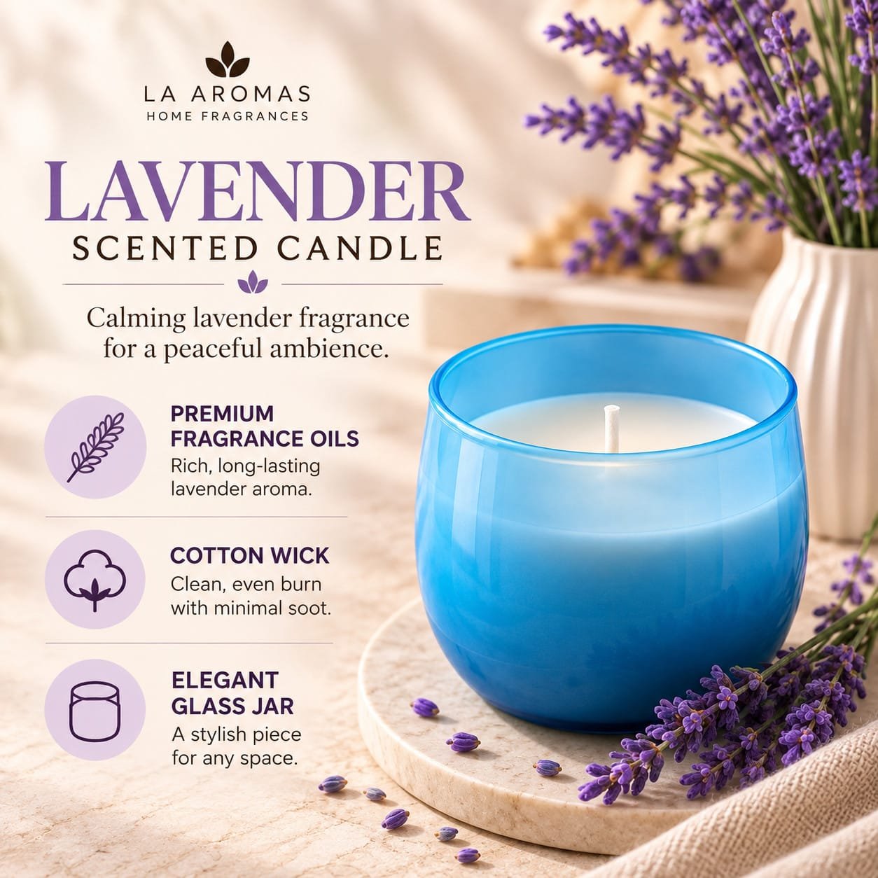 Luxury Lavender Scented Soy Wax Candle – Elegant Blue Glass Jar - Image 3