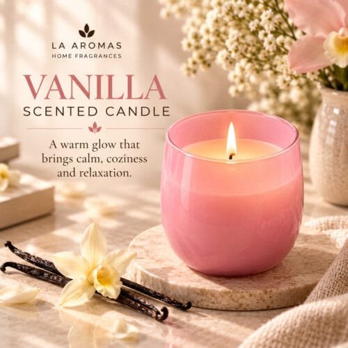 La Aromas Vanilla scented candle in a pink glass jar styled with vanilla and soft neutral textures