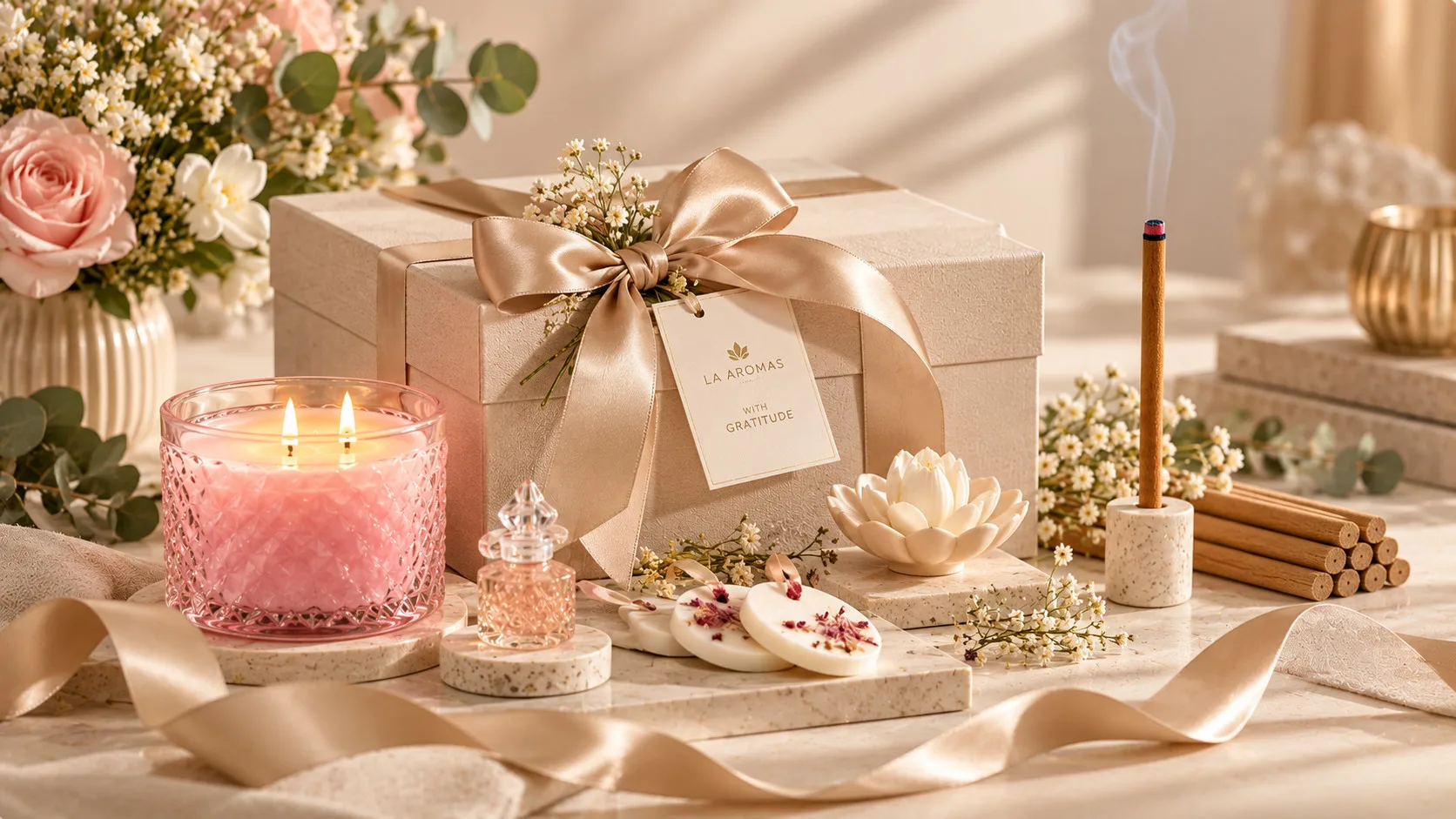 Elegant home fragrance gift arrangement with candle, wax tablets and incense by La Aromas