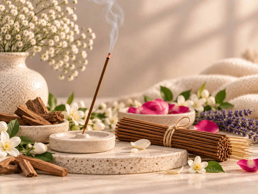 Premium incense sticks with a lit incense stick and aromatic smoke in an elegant setting