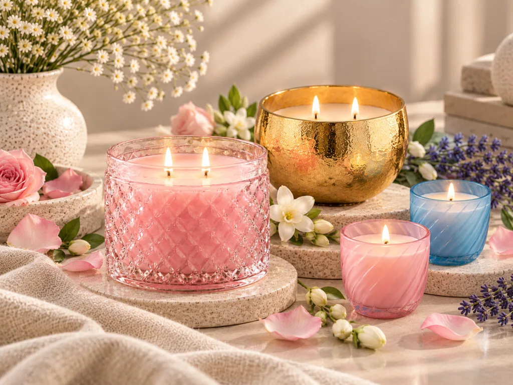 La Aromas luxury scented candles in crystal, gold, pink and blue decorative jars